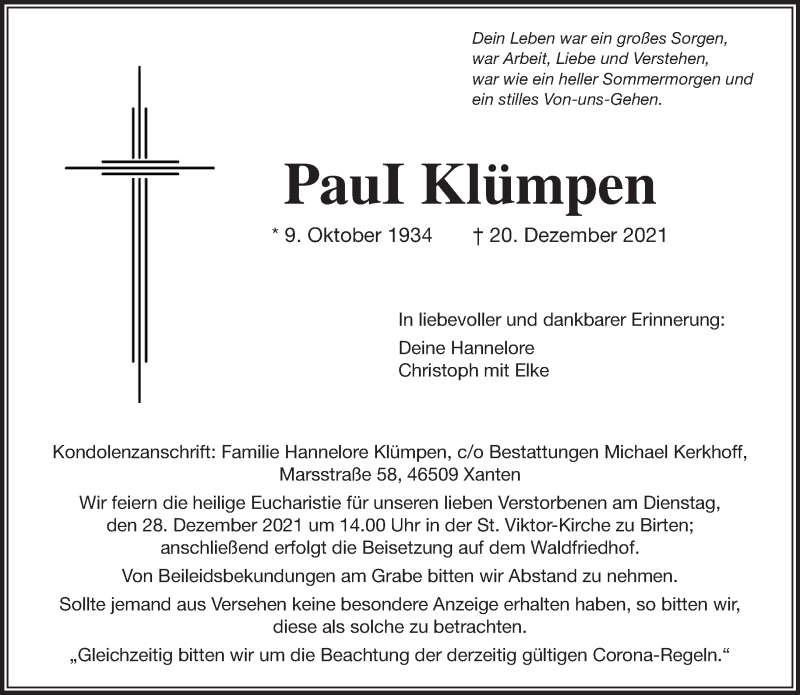  Traueranzeige für Paul Klümpen vom 24.12.2021 aus 