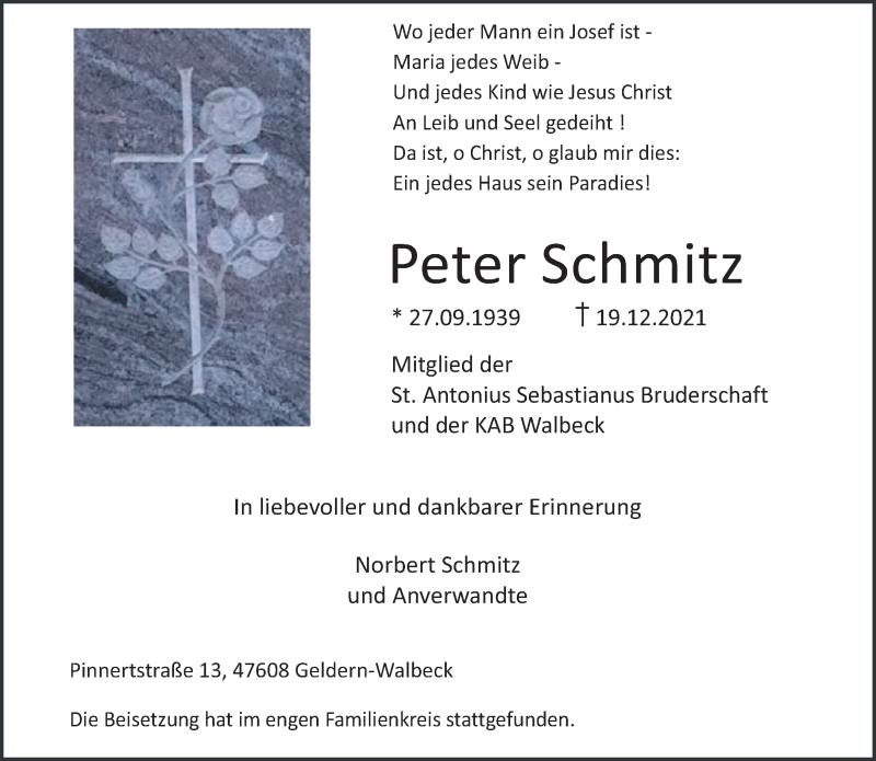  Traueranzeige für Peter Schmitz vom 24.12.2021 aus 