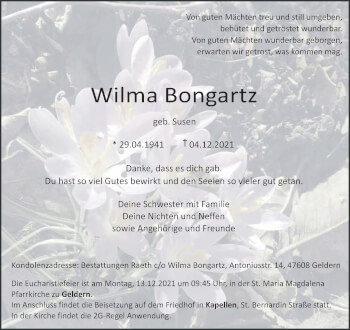 Traueranzeige von Wilma Bongartz 