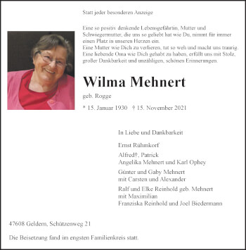 Traueranzeige von Wilma Mehnert 