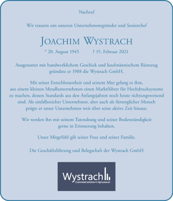 Traueranzeige von Achim Wystrach 
