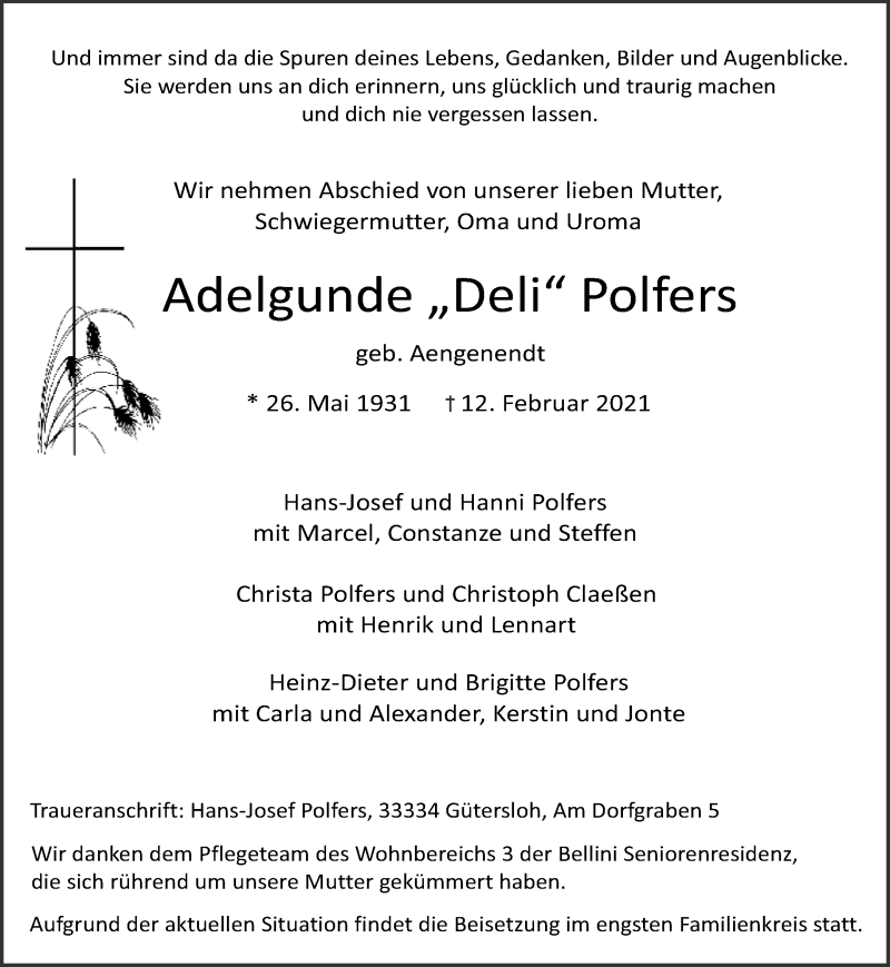  Traueranzeige für Adelgunde  Polfers vom 17.02.2021 aus 