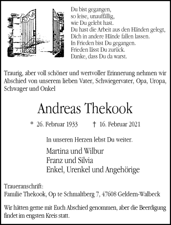 Traueranzeige von Andreas Thekook 