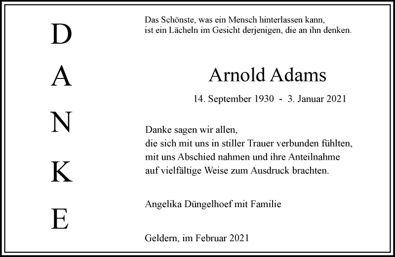  Traueranzeige für Arnold Adams vom 13.02.2021 aus 