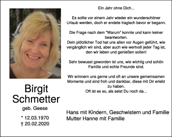 Traueranzeige von Birgit Schmetter 