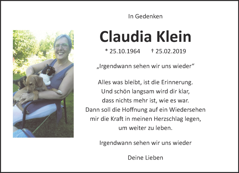  Traueranzeige für Claudia Klein vom 27.02.2021 aus 