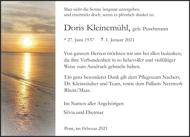  Traueranzeige für Doris Kleinemühl vom 27.02.2021 aus 