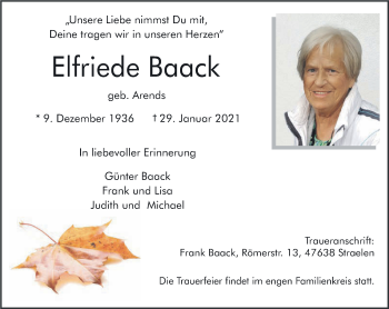 Traueranzeige von Elfriede Baack 