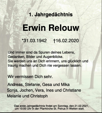 Traueranzeige von Erwin Relouw 