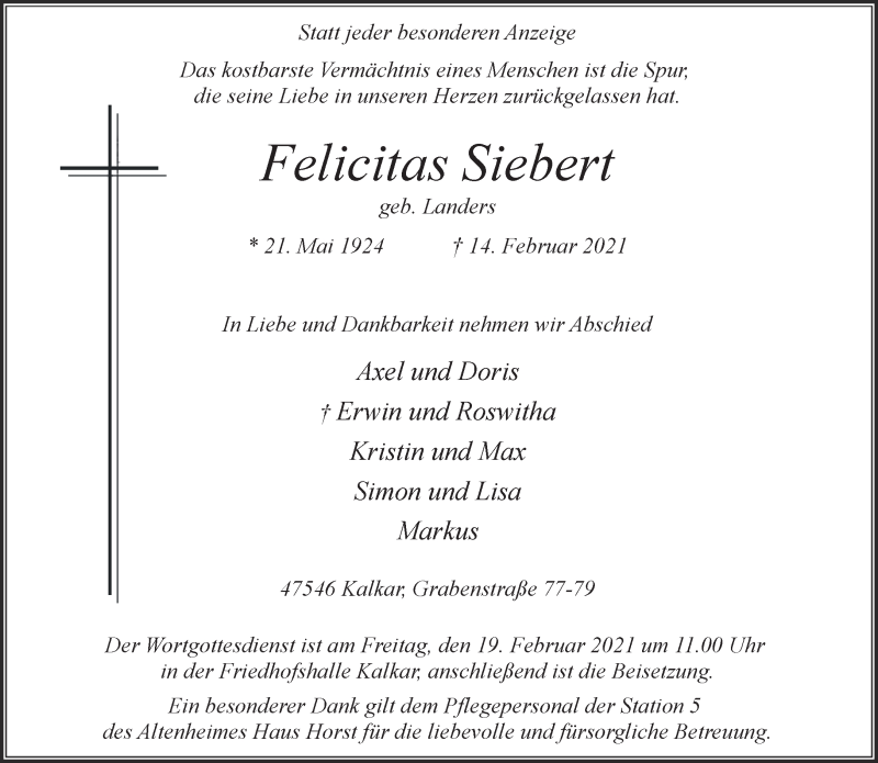  Traueranzeige für Felicitas Siebert vom 17.02.2021 aus 