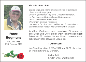 Traueranzeige von Franz Hegmans 