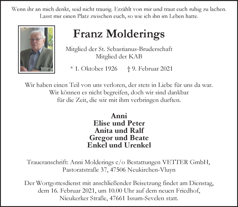  Traueranzeige für Franz Molderings vom 13.02.2021 aus 