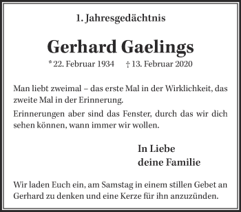 Traueranzeige von Gerhard Gaelings 