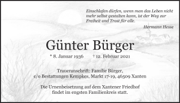 Traueranzeige von Günter Bürger 