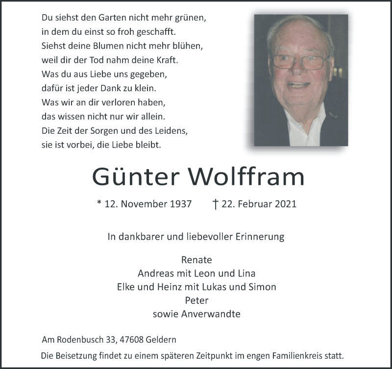  Traueranzeige für Günter Wolffram vom 27.02.2021 aus 