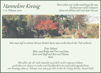 Traueranzeige von Hannelore Kreisig 