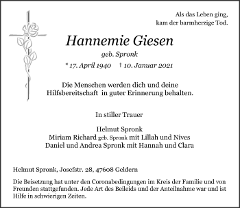 Traueranzeige von Hannemie Giesen 