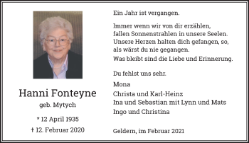 Traueranzeige von Hanni Fonteyne 