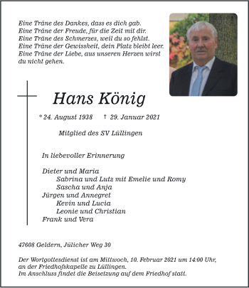 Traueranzeige von Hans König 