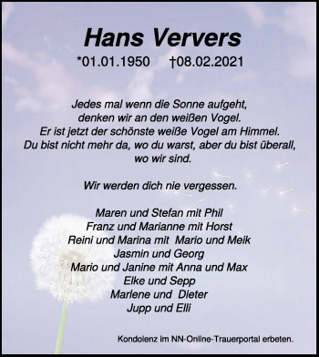 Traueranzeige von Hans Ververs 