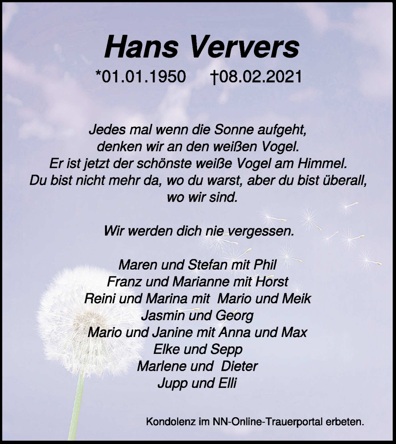  Traueranzeige für Hans Ververs vom 20.02.2021 aus 