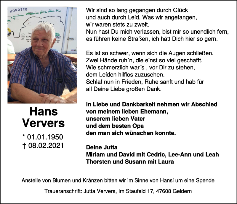  Traueranzeige für Hans Ververs vom 17.02.2021 aus 