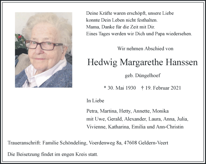  Traueranzeige für Hedwig Margarethe Hanssen vom 24.02.2021 aus 