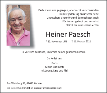 Traueranzeige von Heiner Paesch 