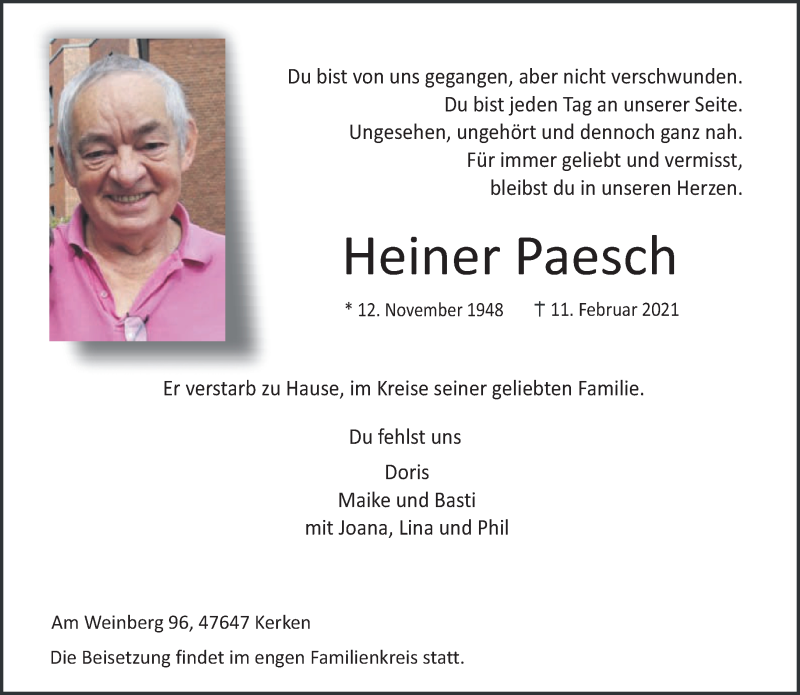  Traueranzeige für Heiner Paesch vom 20.02.2021 aus 