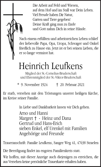 Traueranzeige von Heinrich Leufkens 