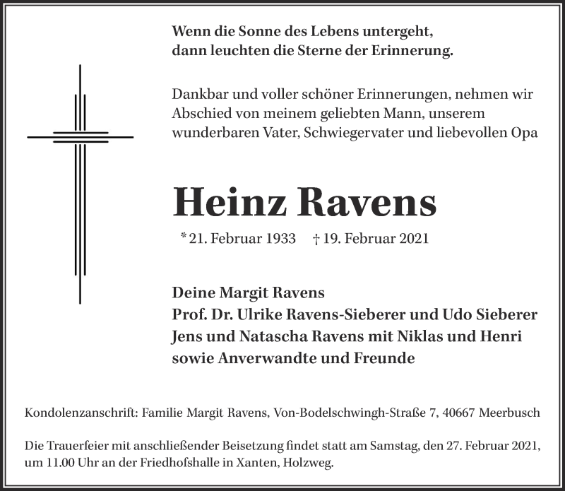  Traueranzeige für Heinz Ravens vom 24.02.2021 aus 