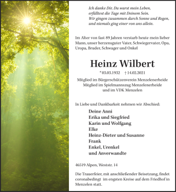 Traueranzeige von Heinz Wilbert 