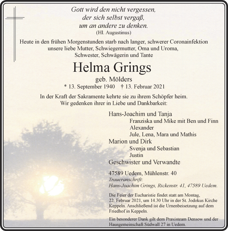  Traueranzeige für Helma Grings vom 17.02.2021 aus 