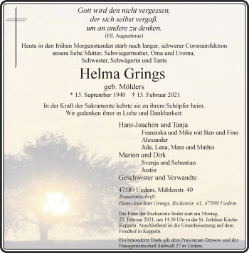 Traueranzeige von Helma Grings 