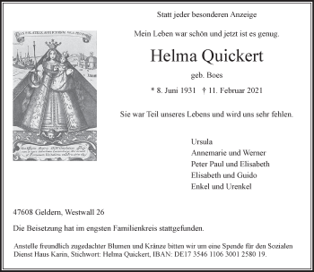 Traueranzeige von Helma Quickert 