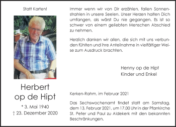 Traueranzeige von Herbert op de Hipt 