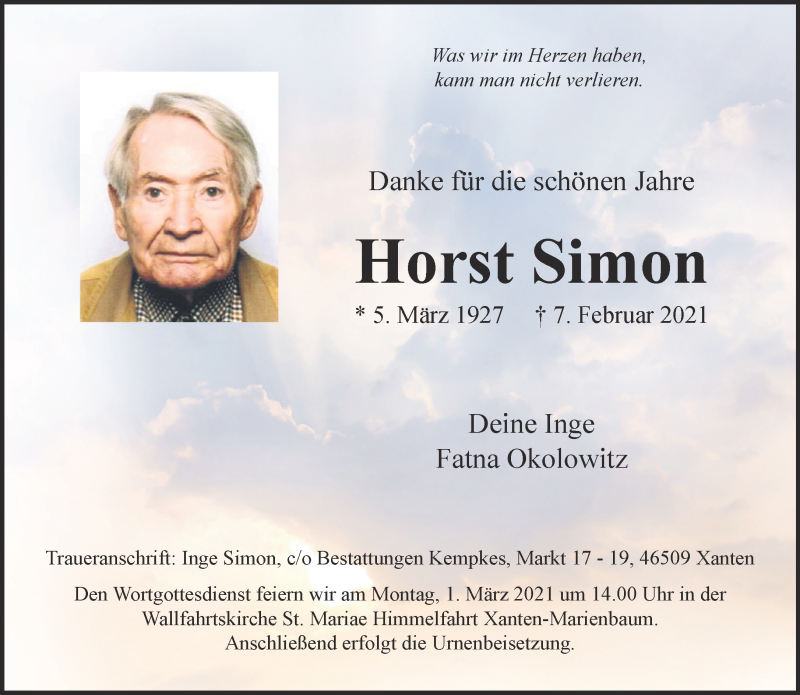  Traueranzeige für Horst Simon vom 20.02.2021 aus 