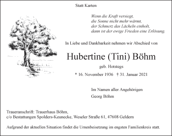 Traueranzeige von Hubertine  Böhm 