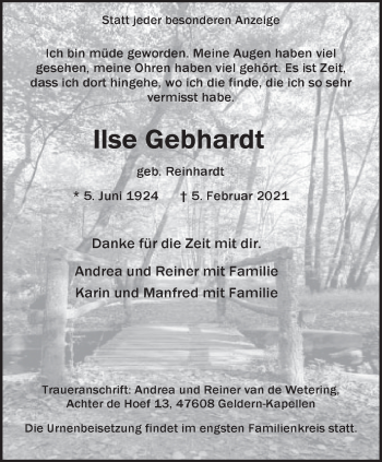 Traueranzeige von Ilse Gebhardt 
