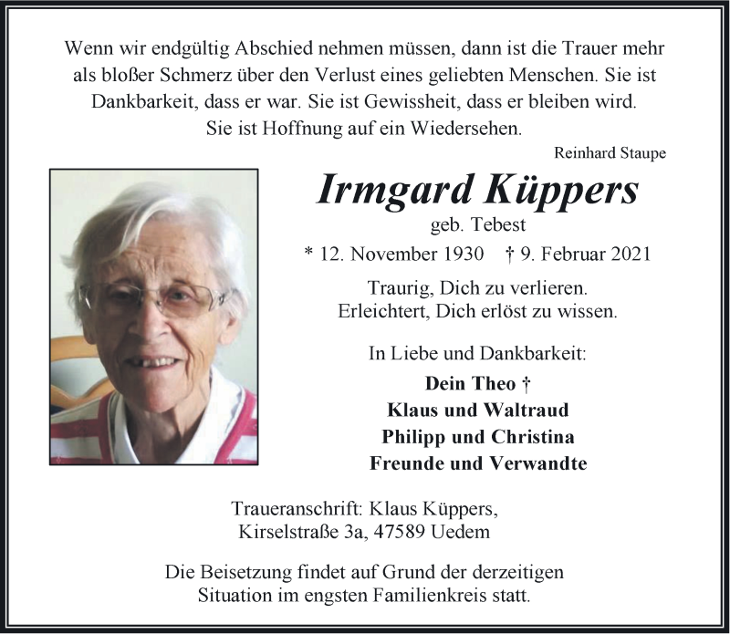  Traueranzeige für Irmgard Küppers vom 13.02.2021 aus 