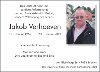 Traueranzeige von Jakob Verhoeven 