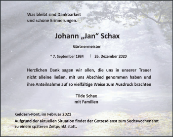 Traueranzeige von Johann Schax 