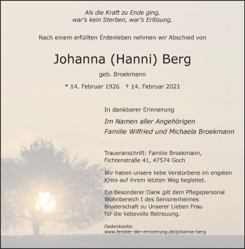 Traueranzeige von Johanna Berg 