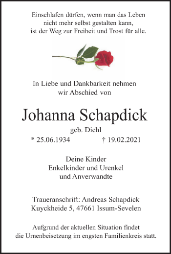 Traueranzeige von Johanna Schapdick 