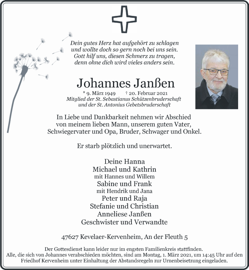  Traueranzeige für Johannes Janßen vom 24.02.2021 aus 