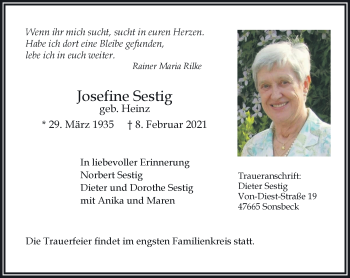 Traueranzeige von Josefine Sestig 