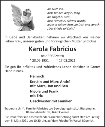 Traueranzeige von Karola Fabricius 