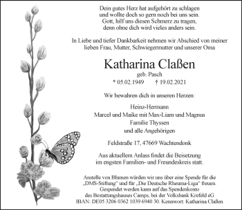 Traueranzeige von Katharina Claßen 