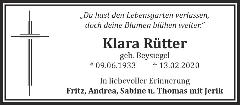  Traueranzeige für Klara Rütter vom 13.02.2021 aus 