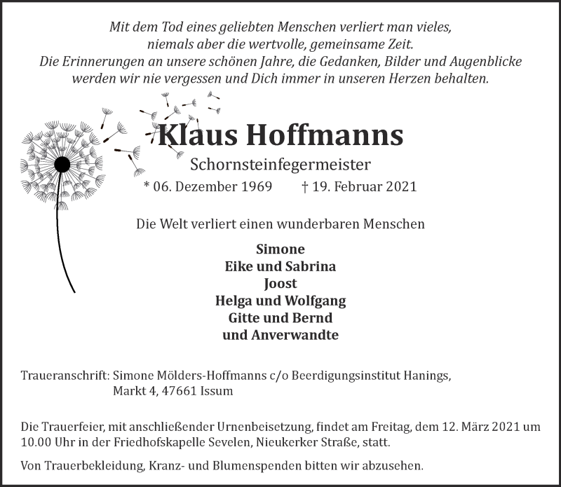  Traueranzeige für Klaus Hoffmanns vom 27.02.2021 aus 